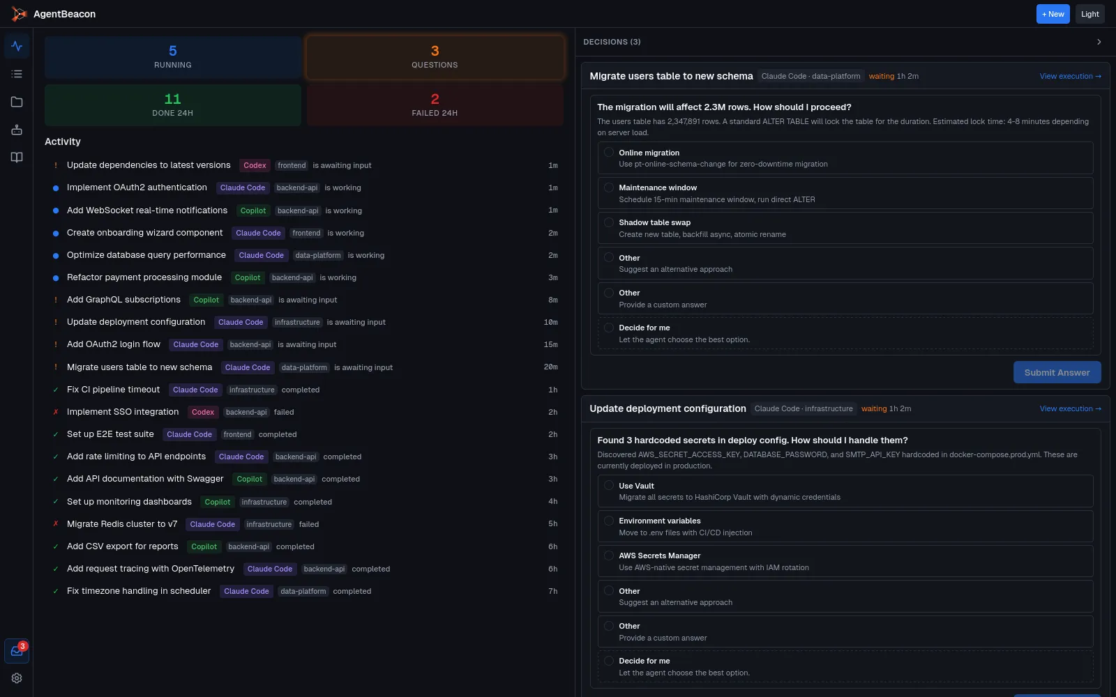 AgentBeacon ops dashboard showing activity feed and decision queue